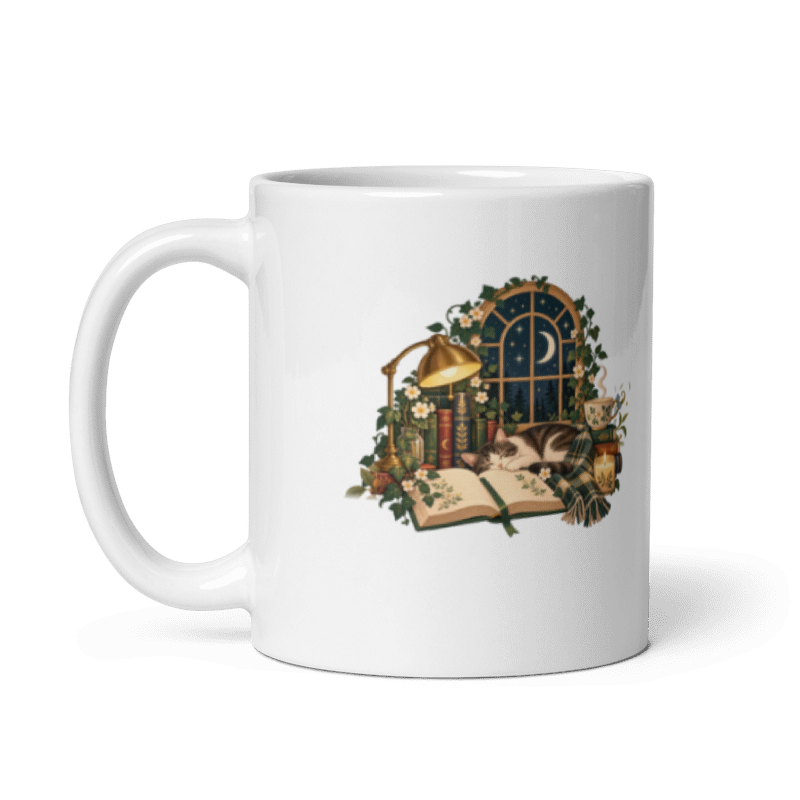 white glossy ceramic mug with the Midnight Reading Club moonlit reading nook illustration, handle on the left
