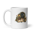 white glossy ceramic mug with the Midnight Reading Club moonlit reading nook illustration, handle on the left