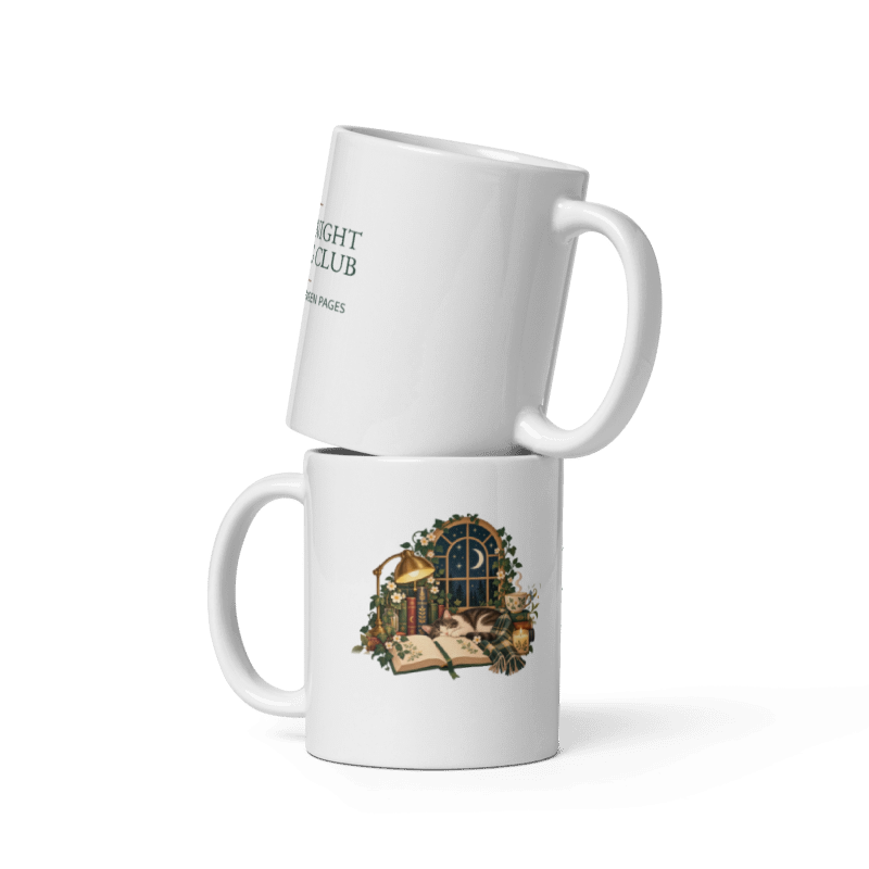two white ceramic mugs stacked, one showing the Midnight Reading Club lettering and one showing the illustration