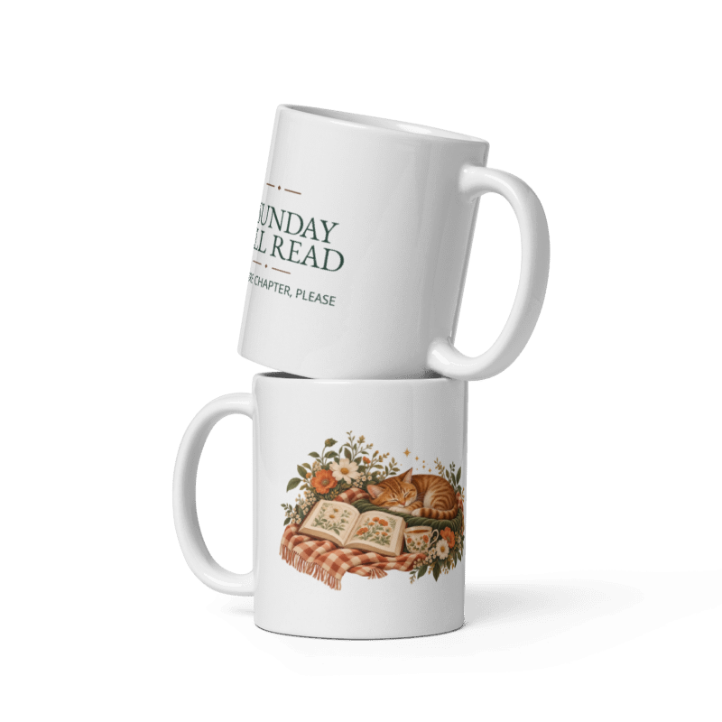 two white ceramic mugs stacked, one showing the A Sunday Well Read illustration and one showing the printed lettering