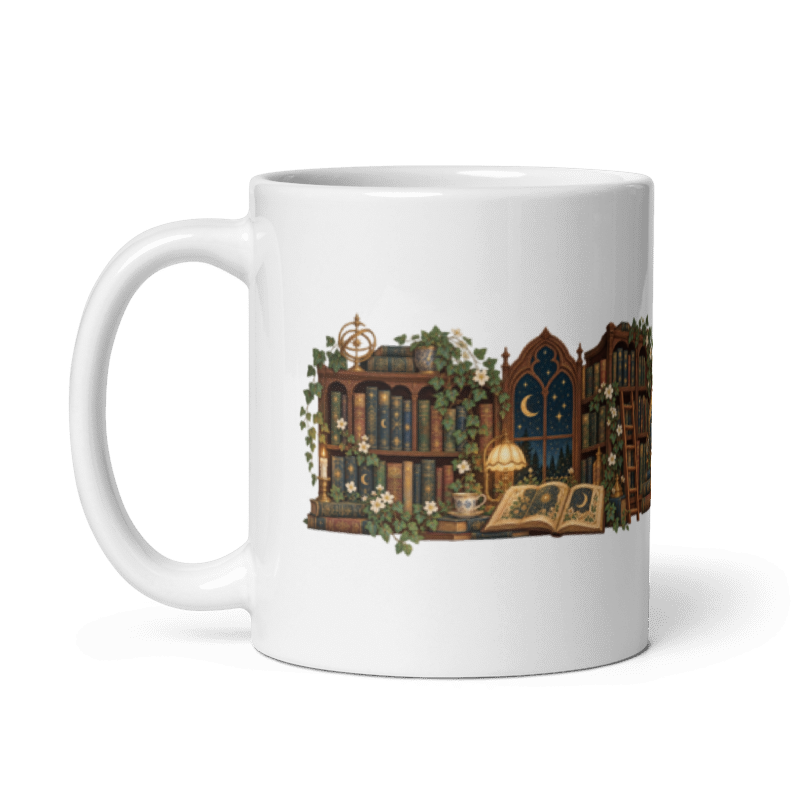 white glossy 11 oz ceramic mug with the Lost in Lovely Chapters moonlit library illustration, handle on the left