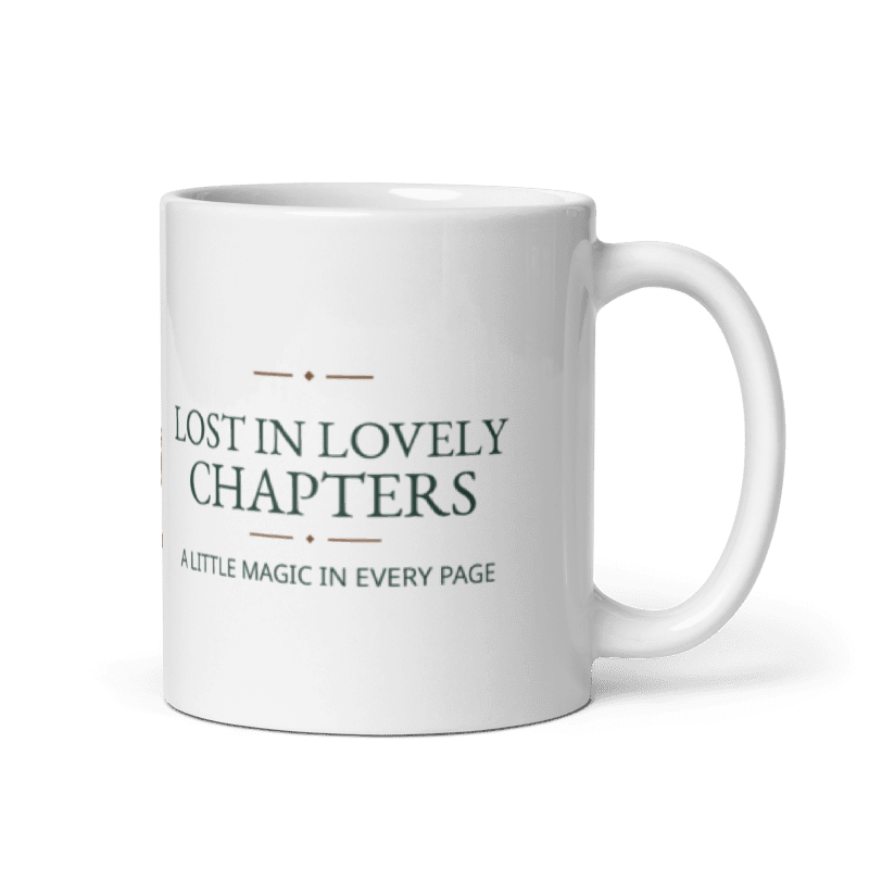 white 11 oz ceramic mug printed with Lost in Lovely Chapters and A Little Magic in Every Page lettering, handle on the right