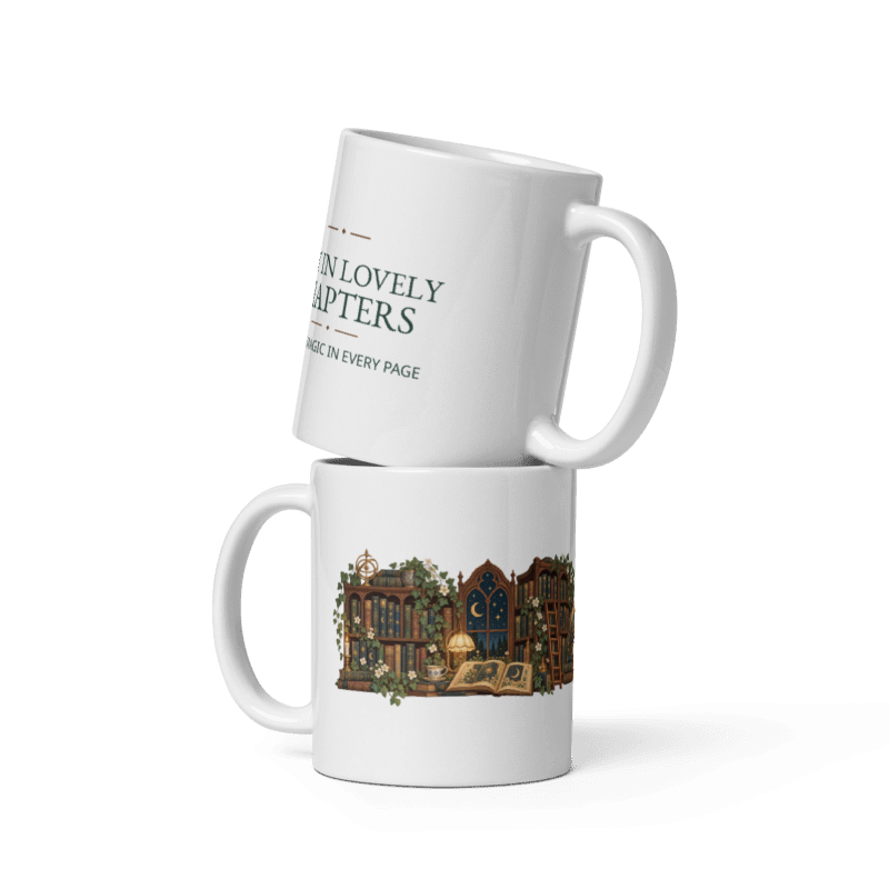 two white ceramic mugs stacked, one showing the Lost in Lovely Chapters illustration and one showing the printed lettering