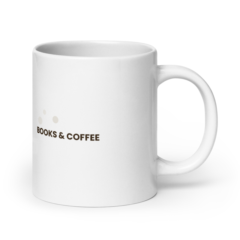 White ceramic mug with the Books & Coffee design, alternate view 2