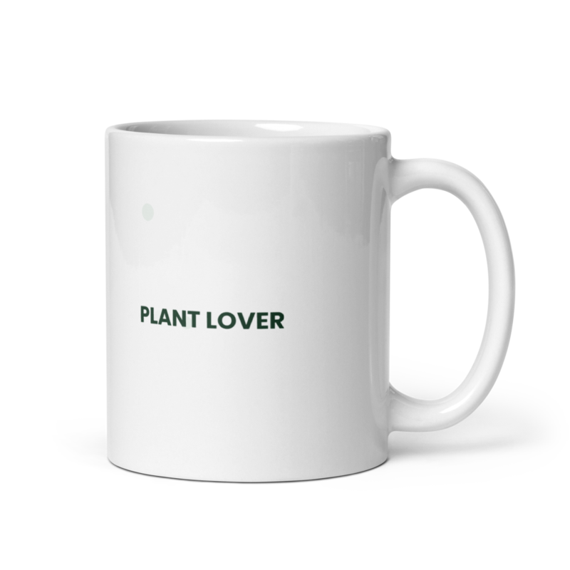 White ceramic mug with the Plant Lover design, front view