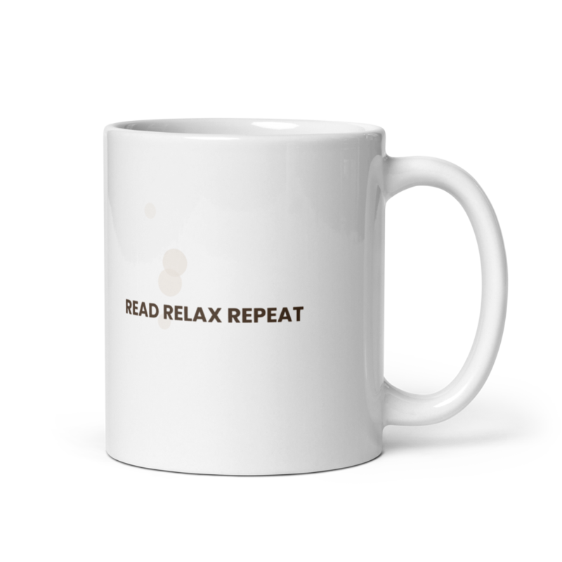 White ceramic mug with the Read Relax Repeat design, front view