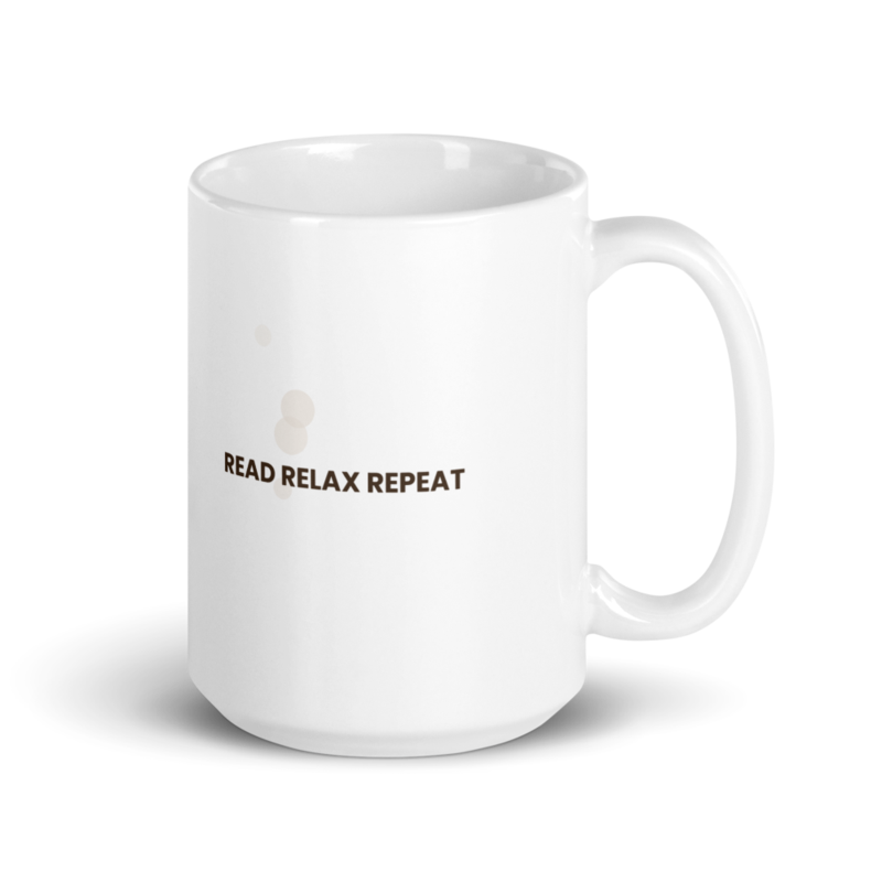 White ceramic mug with the Read Relax Repeat design, alternate view 1