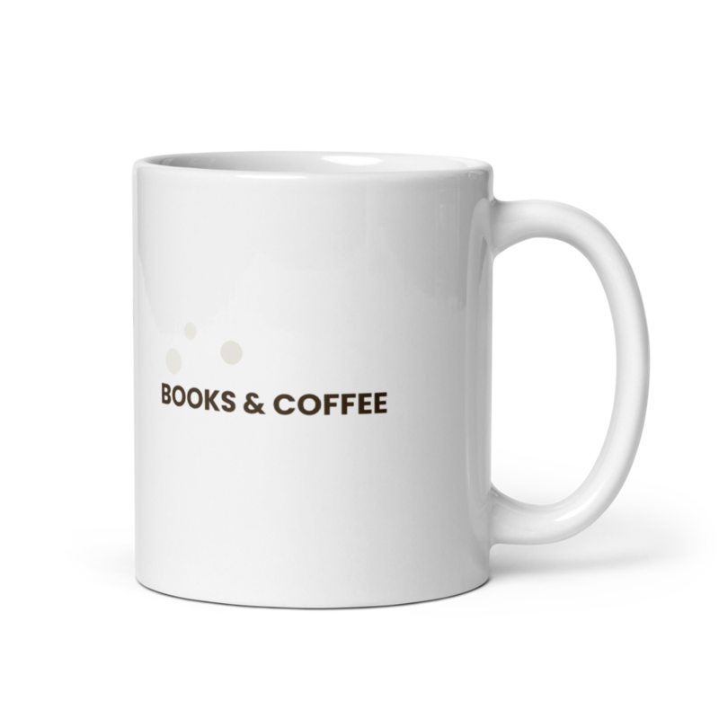 White ceramic mug with the Books & Coffee design, front view