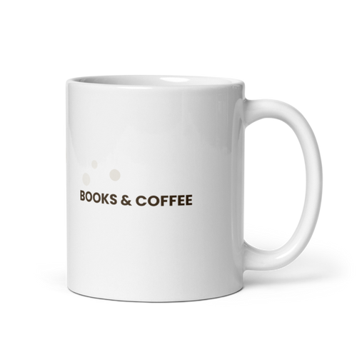 White ceramic mug with the Books & Coffee design, front view