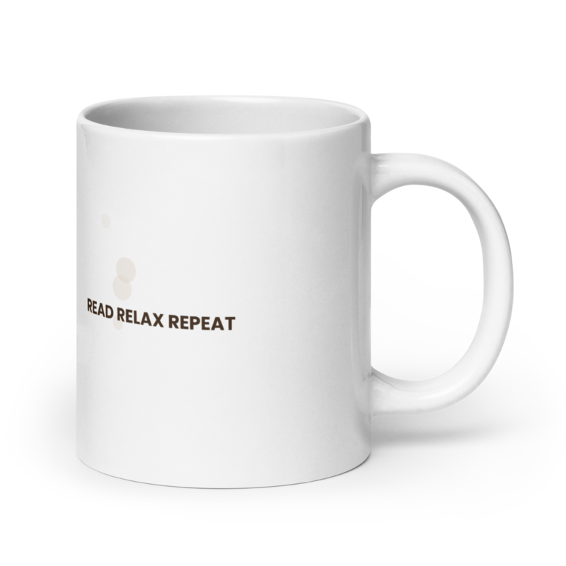 White ceramic mug with the Read Relax Repeat design, alternate view 2