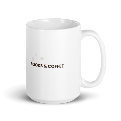 White ceramic mug with the Books & Coffee design, alternate view 1