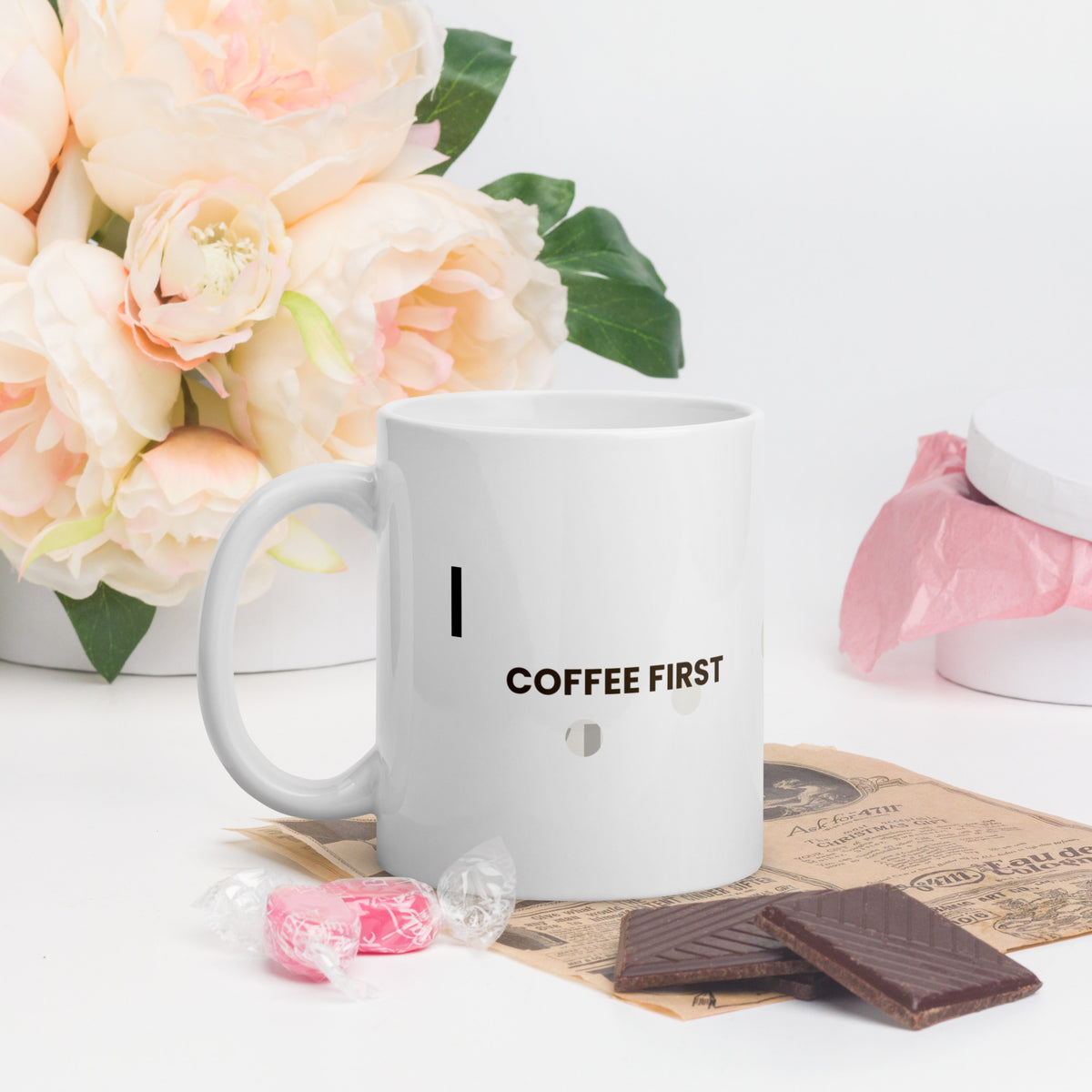 White ceramic mug with the Coffee First design, 11 oz, with the handle on the left