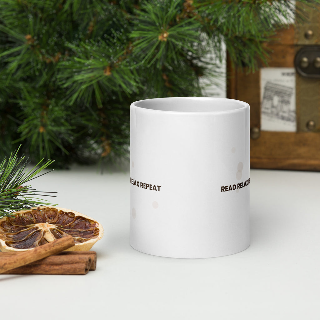 White ceramic mug with the Read Relax Repeat design, 20 oz, front view