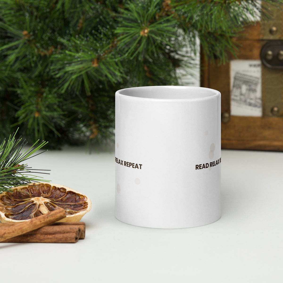 White ceramic mug with the Read Relax Repeat design, 20 oz, front view